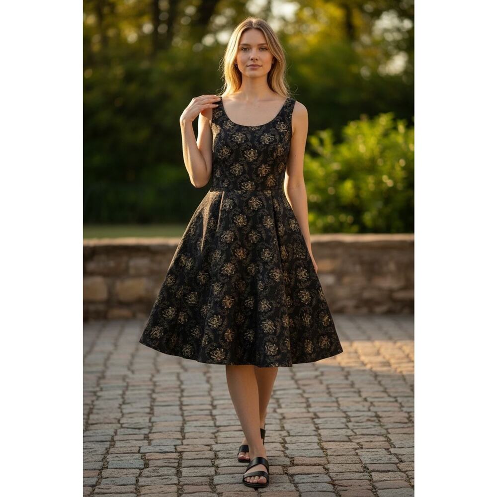 VTG DBA LA GOLD FOIL ROSE PRINT FULL SKIRT MINI DRESS SZ S/M